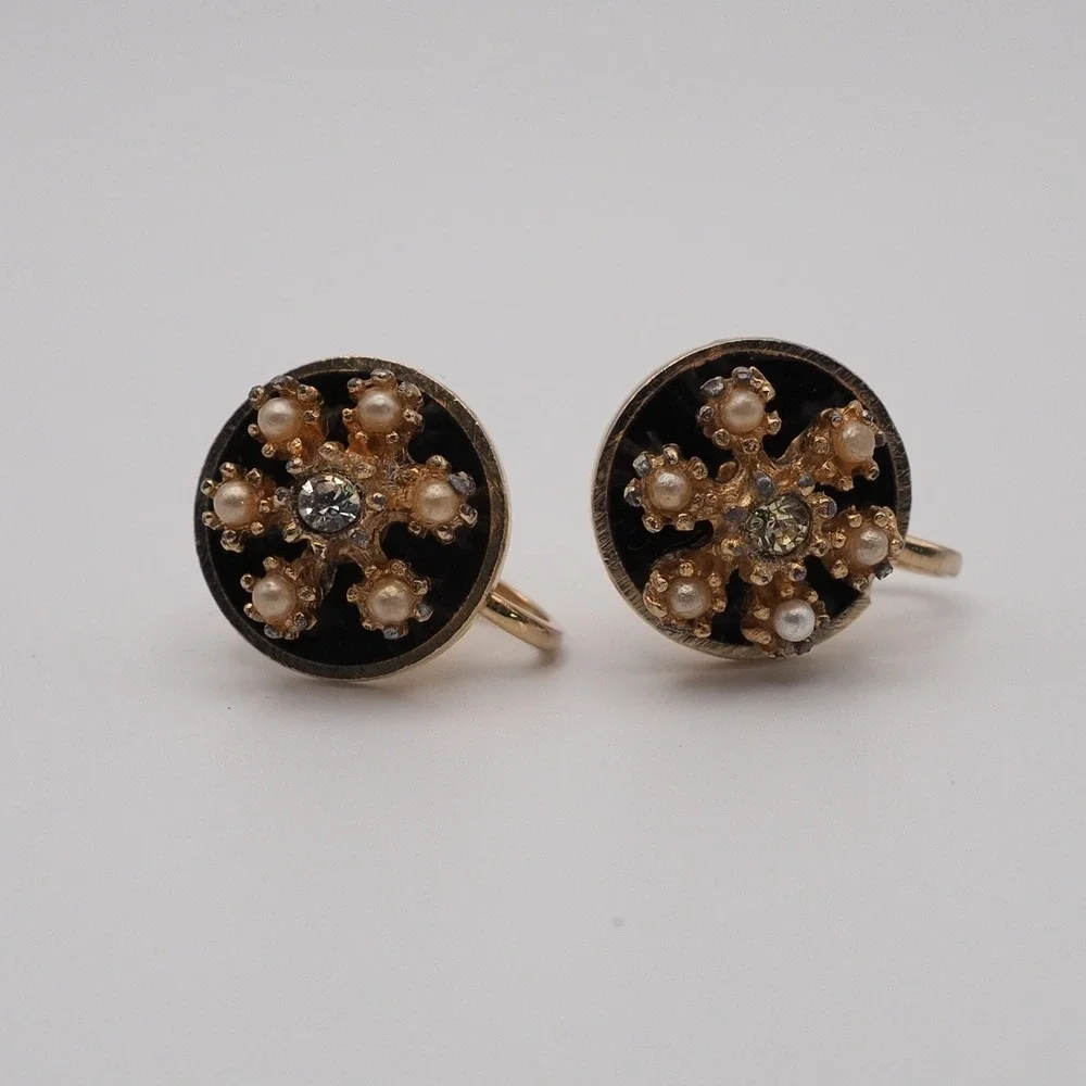 Vintage Coro Earrings Black Enamel Faux Pearl Rhinestone Screw Back Gold Tone